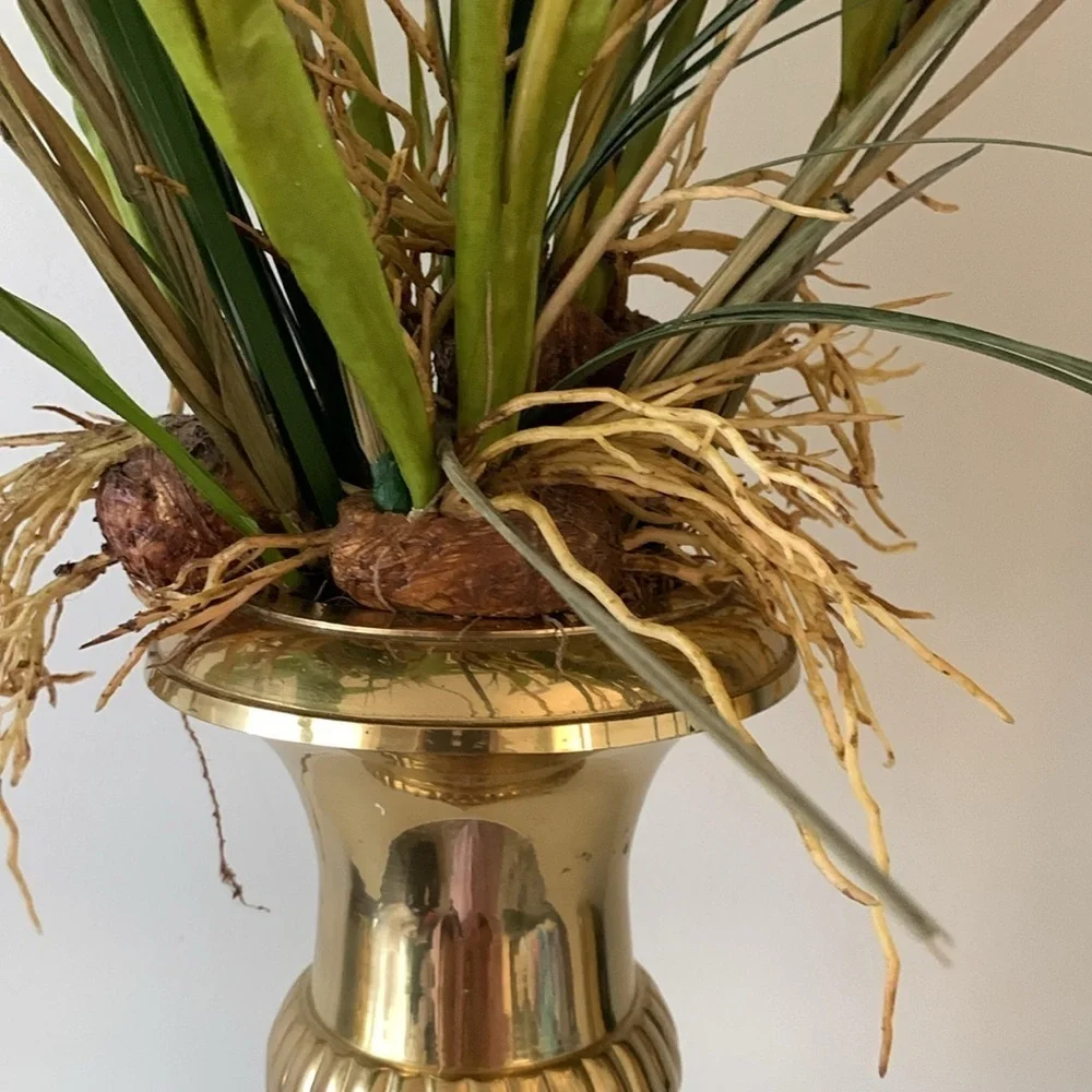 Brass pedestal vase calla Lilly arrangements dry‎ and faux greenery home decor